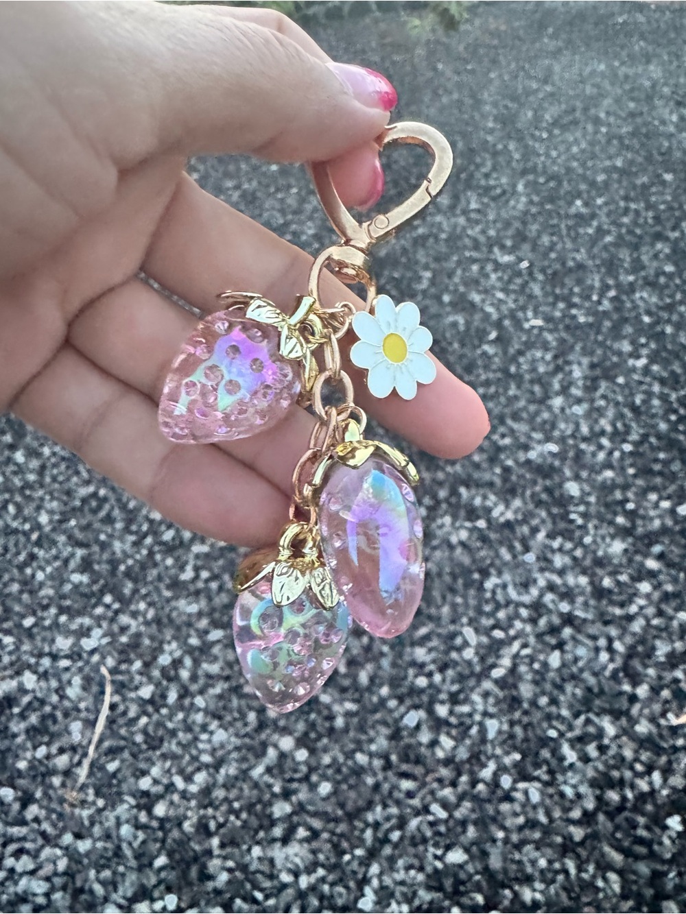 2-Piece Iridescent Strawberry Bag Charm Keychain Set Pink Gold - Picture 3 of 6